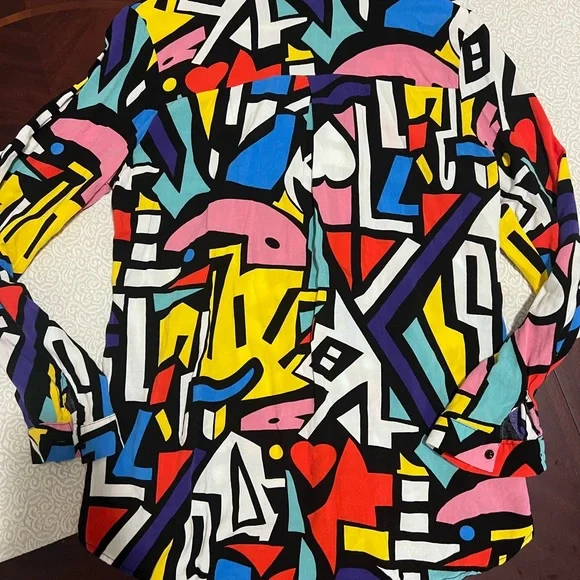 80’s Vintage Vibes Artistic Cubism Style Size M Abstract Geometric Button Up - Picture 4 of 9